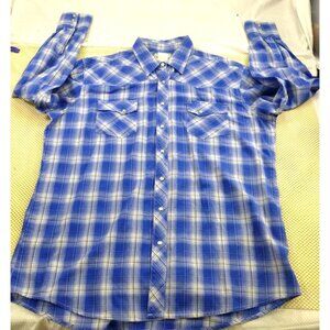 Wrangler Mens Blue Plaid Long Sleeve Western Shirt Pearl Snaps Size XLT Cotton B